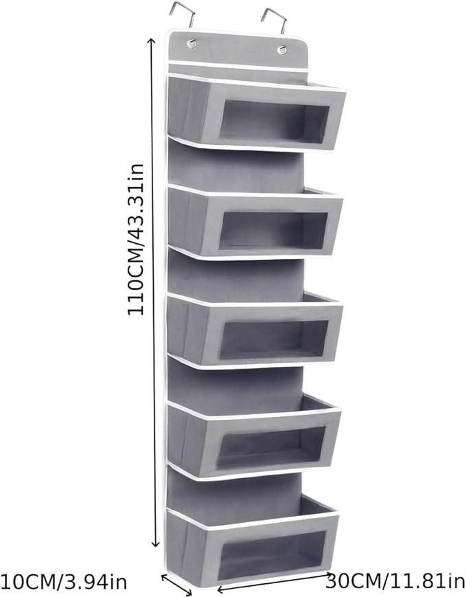 MIMONTALVOSHOP Over the Door Hanging Organizer, 5 Pockets, Gray, 44 LBS Capacity, 43.31x11.81in, for Pantry, Bathroom, Bedroom