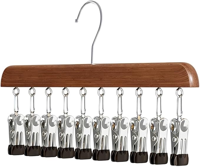 Closet Organizer with 10 Clips, Space Saving Hanging Closet Organizer, Space-Saving Hat Scarf Clothespins for Jeans Skirts Socks Pant Hangers with Clips (1, Dark-10 Clamps)