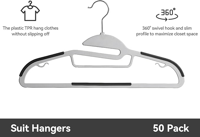 Plastic Hangers Pack of 50, Heavy-Duty Non-Slip Clothes Hangers Space Saving with 360° Swivel Hook Grey/Silver