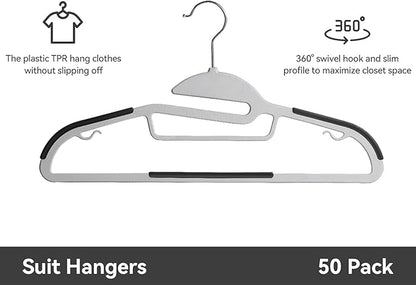 Plastic Hangers Pack of 50, Heavy-Duty Non-Slip Clothes Hangers Space Saving with 360° Swivel Hook Grey/Silver