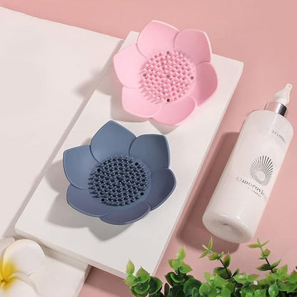 Silicone Soap Dishes with Draining. Bathroom Bar Soap Holder for Shower. Soap Tray for Kitchen Sink. Flower Shape Soap Saver for Counter, Bathtub. (4 Pack, White,Grey,Pink,Blue)