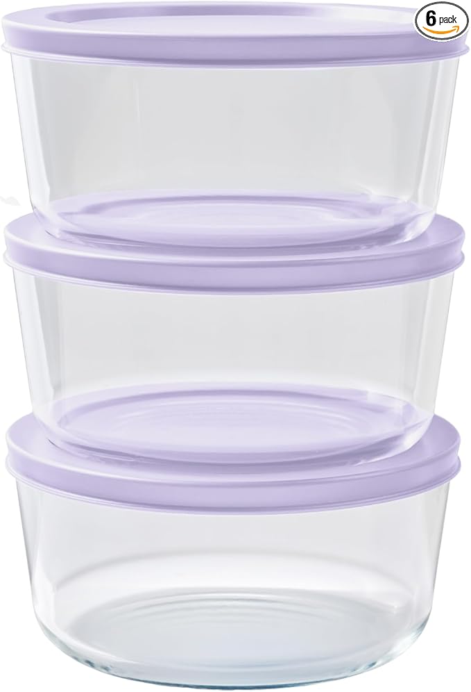 6-Piece Glass Food Storage Containers Set (3 Containers + 3 BPA-Free Lids) | 4-Cup, Leakproof | Microwave, Freezer, Oven & Dishwasher Safe | Ideal for Meal Prep & Pantry Organization, Purple