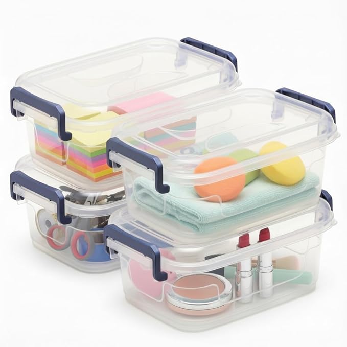Tribello Plastic Small Storage Bins with Lids, Clear Stackable Storage Containers 2.5Q - 4 Pack