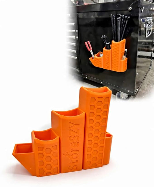 ZipStation Pro Zip Tie Organizer – 3 Tier Holder with Cutter Slot & Pen Storage – Magnetic Toolbox Organizer (Orange)