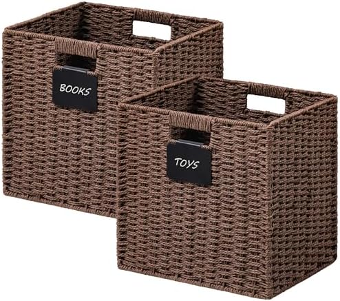 UBBCARE 2 Pack Wicker Basket, 13×13 Storage Cubes with Label, Foldable Cube Storage Bin with Handle, Square Storage Basket for Shelves, Woven Paper Rope Basket for Organizing, Brown by UBBCARE