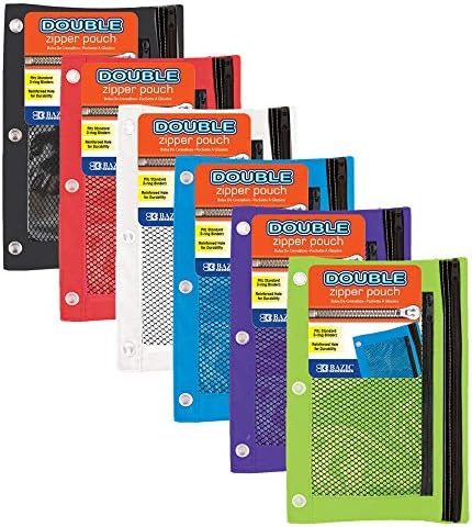 BAZIC PRODUCTS Double-Zipper 3-Ring Pencil Pouch with Mesh Window, 6-Set by BAZICProducts
