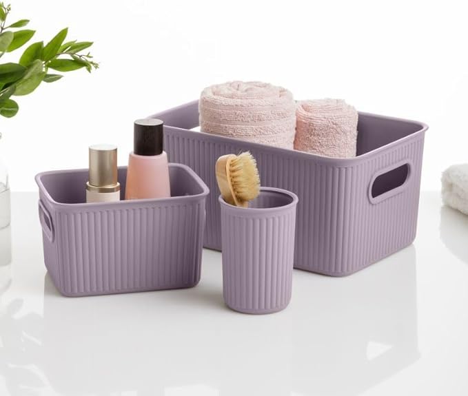Decorative Plastic Basket Lidded Home Storage Bins Organizer, Medium Lilac Purple (1 Pack - 5 Liter) Stackable Container Box, for Organizing Closet Storage Bins for Shelves - Ribbed Collection