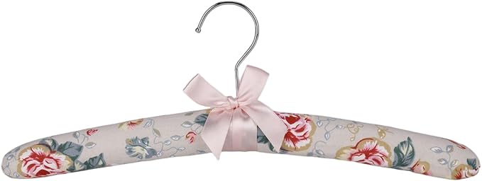 Decorative Padded Clothes Hangers, Floral Pattern with Satin Bow, Set of 5 (Rose)