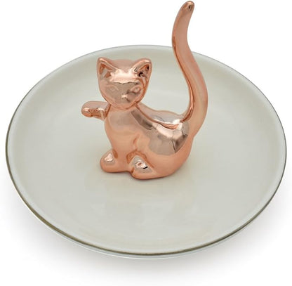 Rose Gold Lucky Kitten Rings Holder Jewelry Storage Dish Trinket Tray Decorative