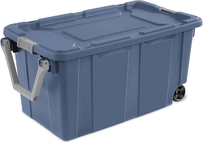 Storage Bin 40 Gallon Plastic Rolling Stacker Storage Box 160 Qt Wheeled Industrial Tote Tough Lidded Stackable Storage Container for Home, Garage, Blue Moonlight Base and Lid 2-pack