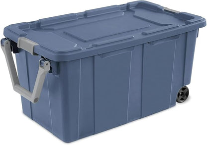 Storage Bin 40 Gallon Plastic Rolling Stacker Storage Box 160 Qt Wheeled Industrial Tote Tough Lidded Stackable Storage Container for Home, Garage, Blue Moonlight Base and Lid 2-pack