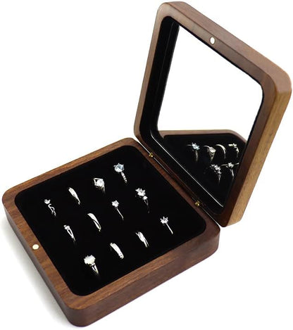 Rustic Wooden Ring Storage Display Box With Mirror Portable 12 Slots Rings Organizer Holder Tray