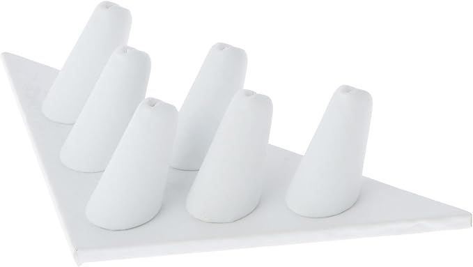 Plymor White Faux Leather Ring Finger Display, Six on Triangular Base, 7" W x 3.25" D x 1.5" H