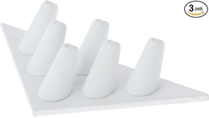 Plymor White Faux Leather Ring Finger Display, Six on Triangular Base, 7" W x 3.25" D x 1.5" H (Pack of 3)
