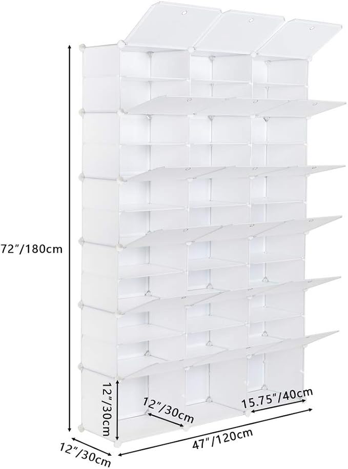 Shoe Rack Organizer, 18 Cube 12 Tier Covered Shoe Storage Cabinet 72 Pairs Freestanding DIY Shoe Shelves Plastic Shoes Rack for Closet Entryway Hallway Bedroom (White)