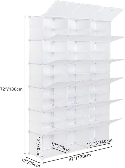 Shoe Rack Organizer, 18 Cube 12 Tier Covered Shoe Storage Cabinet 72 Pairs Freestanding DIY Shoe Shelves Plastic Shoes Rack for Closet Entryway Hallway Bedroom (White)
