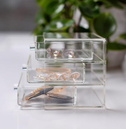 Huang Acrylic Clear Acrylic 3-Drawer Organizer, Large Makeup Jewelry Accessories Cosmetic Countertop Storage Display 5.15 x 4.7 x 4.5 inches