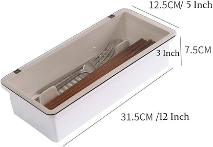 Large Flatware Tray Kitchen Drawer Organizer With Lid And Drainer - Plastic Kitchen Cutlery Tray and Utensil Storage Container with Cover - Dinnerware Holder White