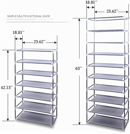 MallMall 10 Tiers Shoe Rack with Dustproof Cover Closet,30-Pair Shoes Rack Storage Cabinet Organizer (Gray)