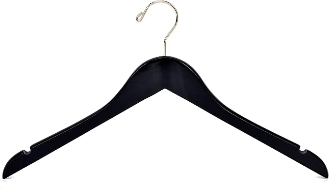 Quality Black Semi Curved Wooden Suit Hangers, 20-Pack Smooth Finish Solid Wood Coat Hanger with Swivel Hook, Jacket, Pant, Dress Clothes Hangers (Black - Gold Hook, 20)