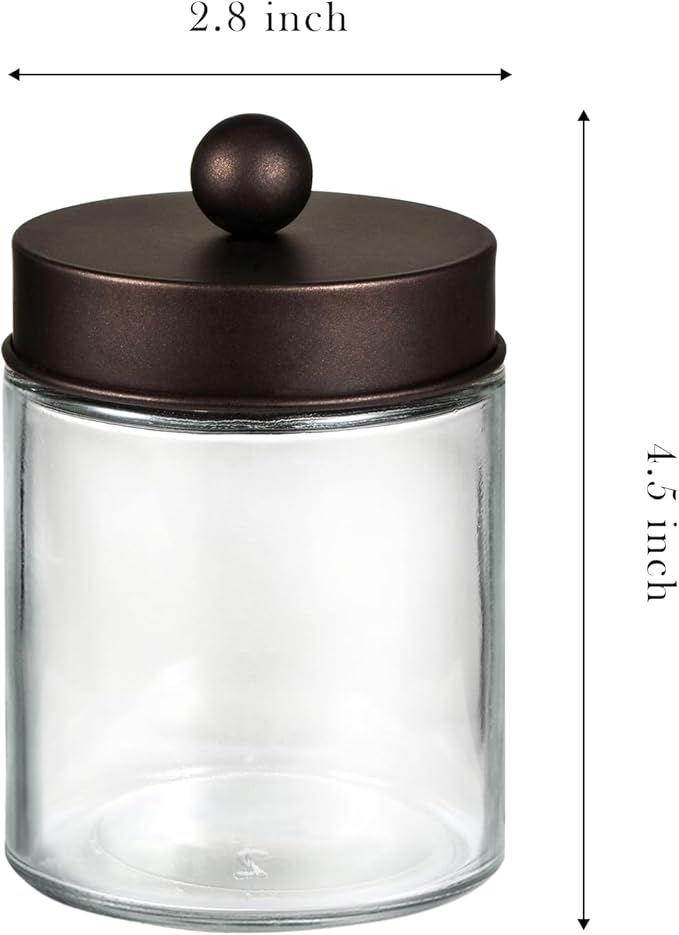 SheeChung Qtip Dispenser Holder 2pcs, Glass Apothecary Jars with Stainless Steel Lids &Stickers, Countertop Canister Guest Bathroom Storage Organizer Set for Cotton Swabs/Balls, Floss Picks(Bronze)