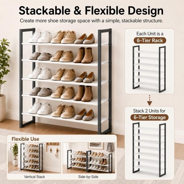 6-Tier Shoe Rack Organizer, Zero-Wobble Metal Frame with Screw-Fastened Joints, 11.8" Deep Heel-Friendly Non-Woven Shelves, Stackable Shoe Storage for Closet & Entryway