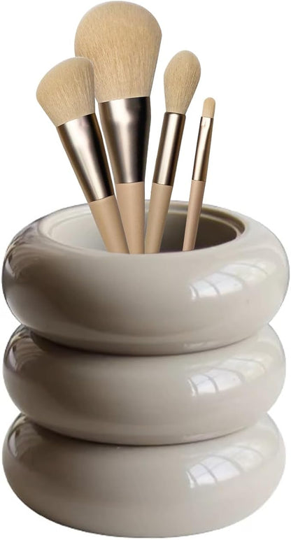 Tissting Qtip Holder Dispenser 7.8 x 10.5 cm Khaki Resin Doughnut Shape Cotton Swab Storage Container with Lid, Qtip Dispenser Jars for Bathroom Vanity