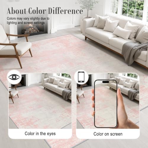 Area Rug Living Room: 6x6 Modern Washable Soft Carpet Pink White - Image 6