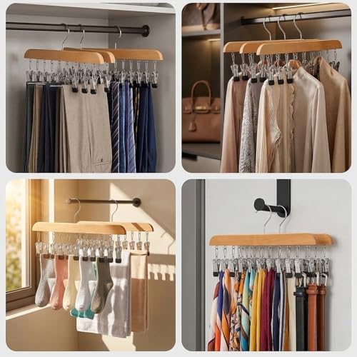 2 Pack Legging Organizer for Closet, Wooden Pants Hangers with 10 Clips | Holds 20 Jeans, Skirts, Underwear, Panties, Space Saving Hangers for Wardrobe Storage & Organization - Image 7