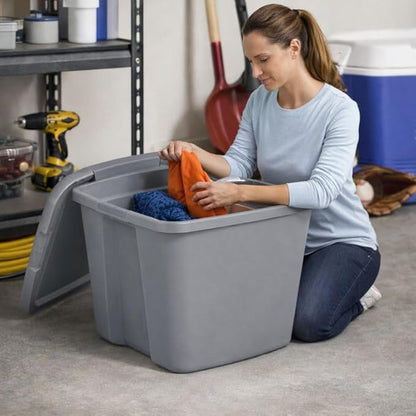 18 Gallon Plastic Storage Tote with Secure Snap-On Lid, Stackable Storage Bin for Linens, Seasonal Decor, Keepsakes & Home Organization (Gray)