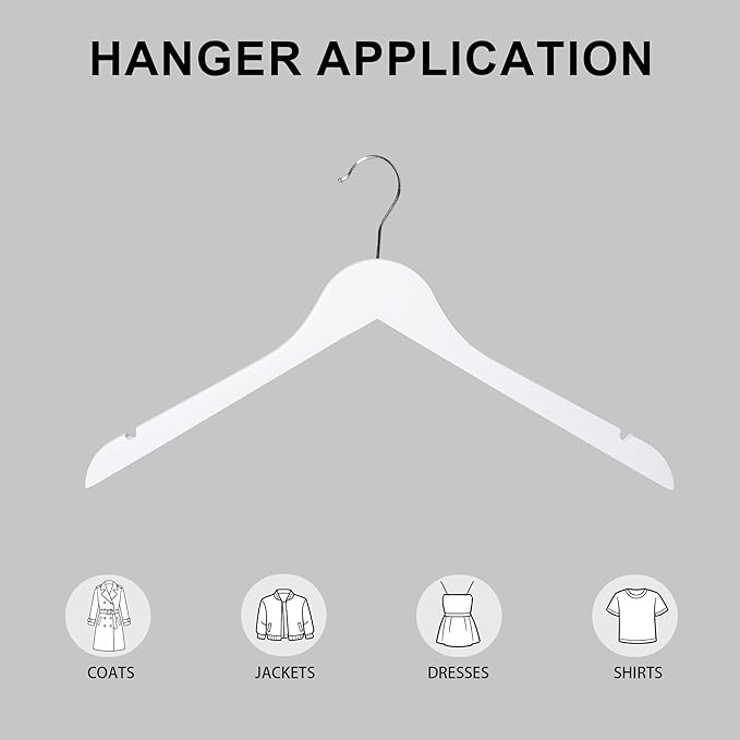 Premium Wooden Top Hangers, Heavy Duty Solid Wood Suit Hangers with 360° Swivel Hook & Anti-Slip Notches, Durable Clothes Hangers for Jackets, Coats, Shirts & Dresses(White/12-PCS)
