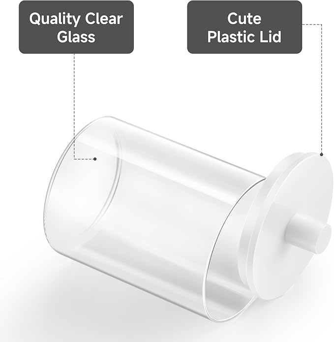 TIPGO Glass Qtip Holder Dispenser for Bathroom - 10 oz Clear Canister Apothecary Jar for Cotton Swabs, Balls, Pads, Floss Picks, Small Containers for Makeup Storage Organizer (2 Pack, White)