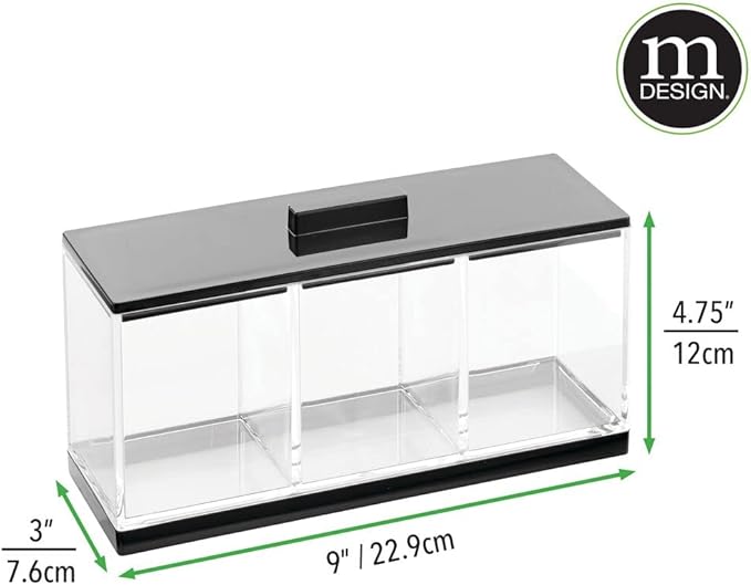 mDesign Cosmetic Divided Organizer Storage Canister Box with 3 Sections and Lid for Bathroom Vanity Countertop - Holder for Cotton Swabs, Perfume, Lipstick - Lumiere Collection - Clear/Black