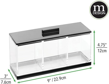 mDesign Cosmetic Divided Organizer Storage Canister Box with 3 Sections and Lid for Bathroom Vanity Countertop - Holder for Cotton Swabs, Perfume, Lipstick - Lumiere Collection - Clear/Black