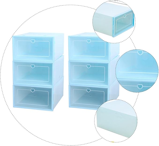 Milisten 6pcs Plastic Clamshell Shoe Storage Boxes with Flip Lids, Large Capacity Drawer-style Organizer for Women’s Shoes, 31x21.5x12.5cm, Heart Blue, Stackable Closet Storage