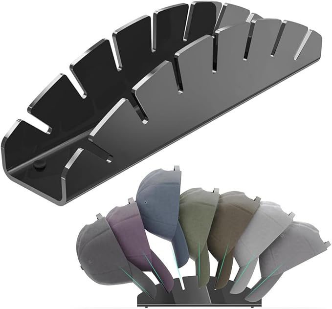 Hat Organizer for Closet Shelf, Hat Holder for 7 Baseball Caps, Tabletop Free Standing Hat Storage Rack, Small Ball Cap Stand for Display and Organizer Bedroom Office (Black)