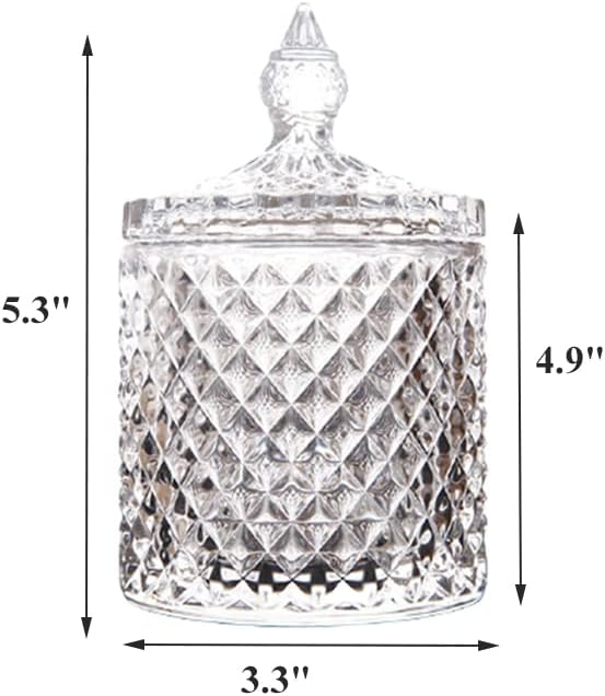 Glass Qtip Holder with Lid, Decorative Glass Apothecary Jar Crystal Canister Jar Bathroom Vanity Organizer for Q-tips, Cotton Ball & Swab, Cotton Pads, Hair Band, Candy Storage