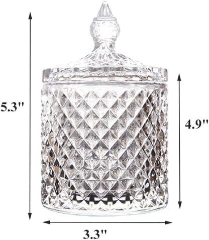 Glass Qtip Holder with Lid, Decorative Glass Apothecary Jar Crystal Canister Jar Bathroom Vanity Organizer for Q-tips, Cotton Ball & Swab, Cotton Pads, Hair Band, Candy Storage