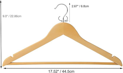 Wooden Coat Hangers 20 Pack,Nature Color with Shoulder Notches Suitable for Slip Dresses,Shirts, Blouses,Coats,360° Rotating Silver Hook Solid Wood Hanger