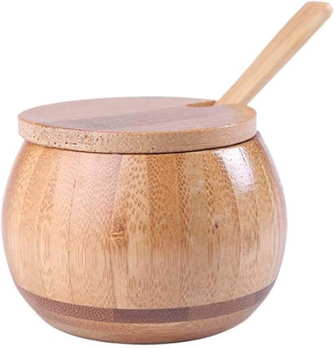 Wood Salt Box Condiment Container Spice Jar Bamboo Salt Sugar Cellar Bowl with Lids and Spoons for Kitchen (Bamboo)