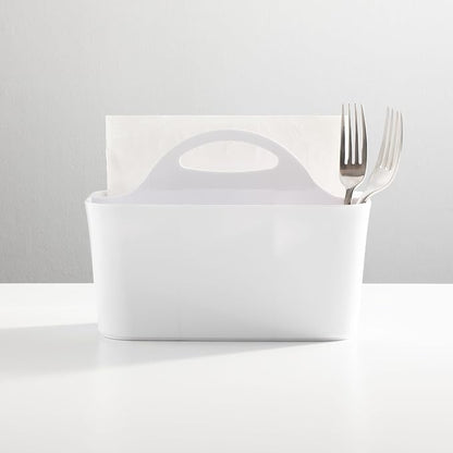 mDesign Plastic Cutlery Storage Organizer Caddy Bin Tote with Handle - Kitchen Cabinet Divided Pantry Basket for Forks, Knives, Spoons, Napkins, Indoor/Outdoor Use, Lumiere Collection, White