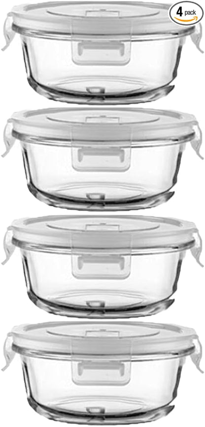 Small Round Glass Food Containers with lids, 12oz Round Food Storage Containers with Lid, 1.5 Cup Small Glass Food Containers with Lid BPA-Free, Microwave, Dishwasher, Freezer Safe (4 Pack)