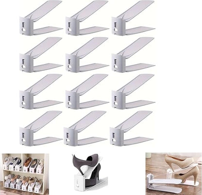 HYGRAD® 12 Pack Shoe Organiser Slots 3 Level Height Adjustable Shoe Organising Holders Space Saving For Shoes Suitable For All Shoes Shoe Rack Organiser (Grey)