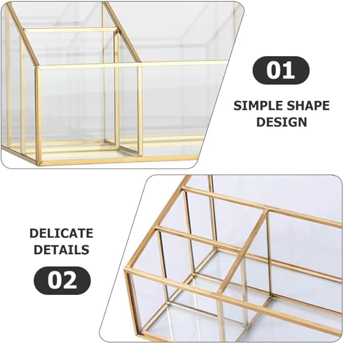Alipis Glass Makeup Organizer with Gold Trim Large Capacity Cosmetic Display Case for Vanity Lipstick and Brush Holder Transparent Storage Box 7.67X5.70X5.11 Inches