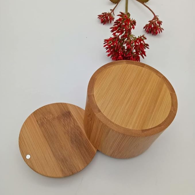 Bamboo Salt Box Round Spice Storage Box Kitchen Seasoning Container with Magnetic Swivel Lid for Salt, Sugar, Spice, Pepper (1 Piece)