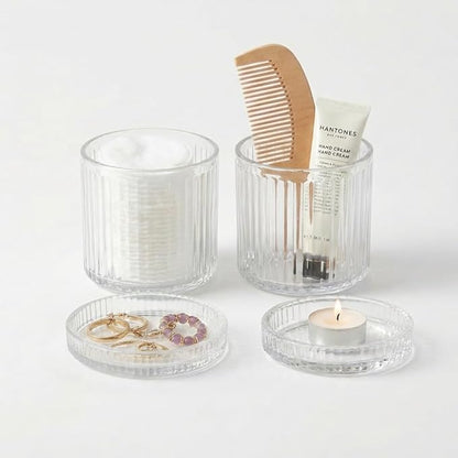 SheeChung Glass Qtip Holder Dispense, 4-Pack Apothecary Jars - Bathroom Accessories Organizer for Cotton Swabs, Balls, Pads Floss Picks -Bathroom Accessories Decor