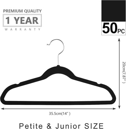 MIZGI Kids Velvet Hangers,Non-Slip Big Kids Hangers,14 Inch Hangers for Youth,Teen Clothes,Pack of 50（Black/Silver）