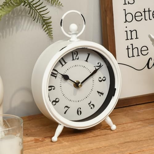 Small white table clock Vintage Rustic White Table Clock on Stand, Decorative Desk and Shelf Clock Farmhouse Mantel Clock Rustic Non-Ticking Clock - Image 3
