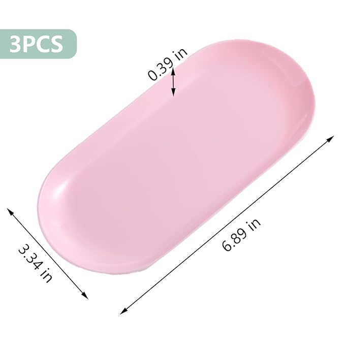 3Pcs Manicure Tools Storage Tray, Oval Plastic Storage Dish Nail Art Accessory Display Trays, Jewelry Rhinestone Organizer Plate, Makeup Cosmetic Nail Decorations Storages Plate（Pink）