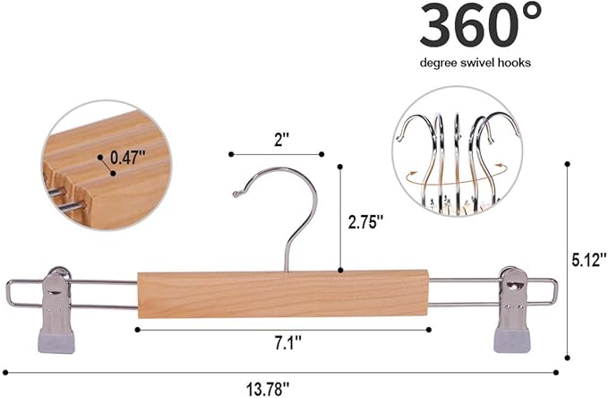 Wooden Pants Hangers 12Packs, Skirt Hangers with Adjustable Clips, Non Slip Wood Clothes Hangers with Clips, Space Saving Hangers for Pants Skirts Trousers Slacks Jeans